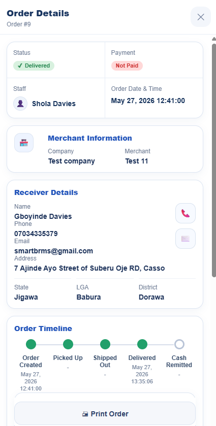 SmartBRMs dashboard order management screenshot