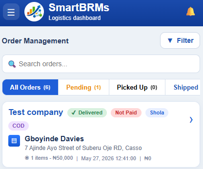 SmartBRMs order status and delivery tabs screenshot